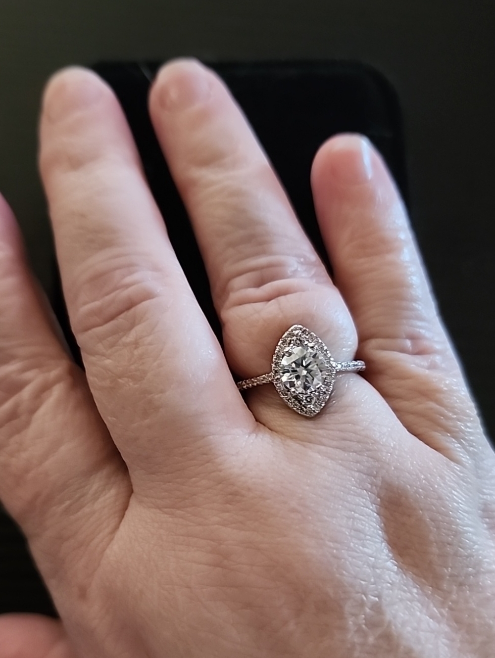 Classic Rhodium-plated Marquise Halo Moissanite Ring - Size 7